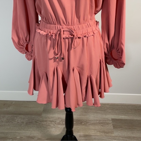 Mainstrip Peach Pink Long Sleeve Smocked Waist Ruffle Mini Dress – Size M - Picture 3 of 12